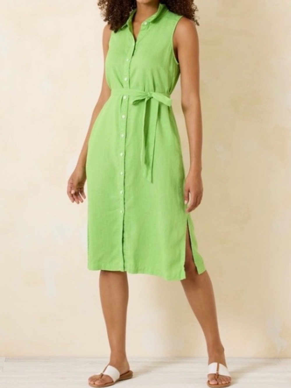 Tommy Bahama Women SZ M Two Palms Green Linen Shirt Dress Sleeveless Beach EUC